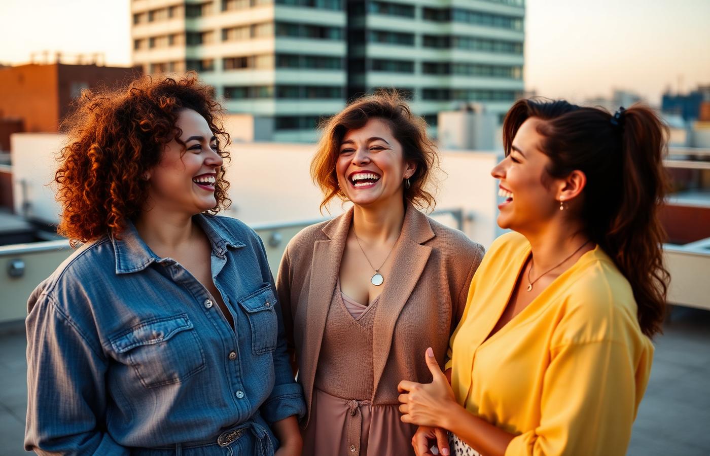 Three women laughing together on a rooftop at golden hour