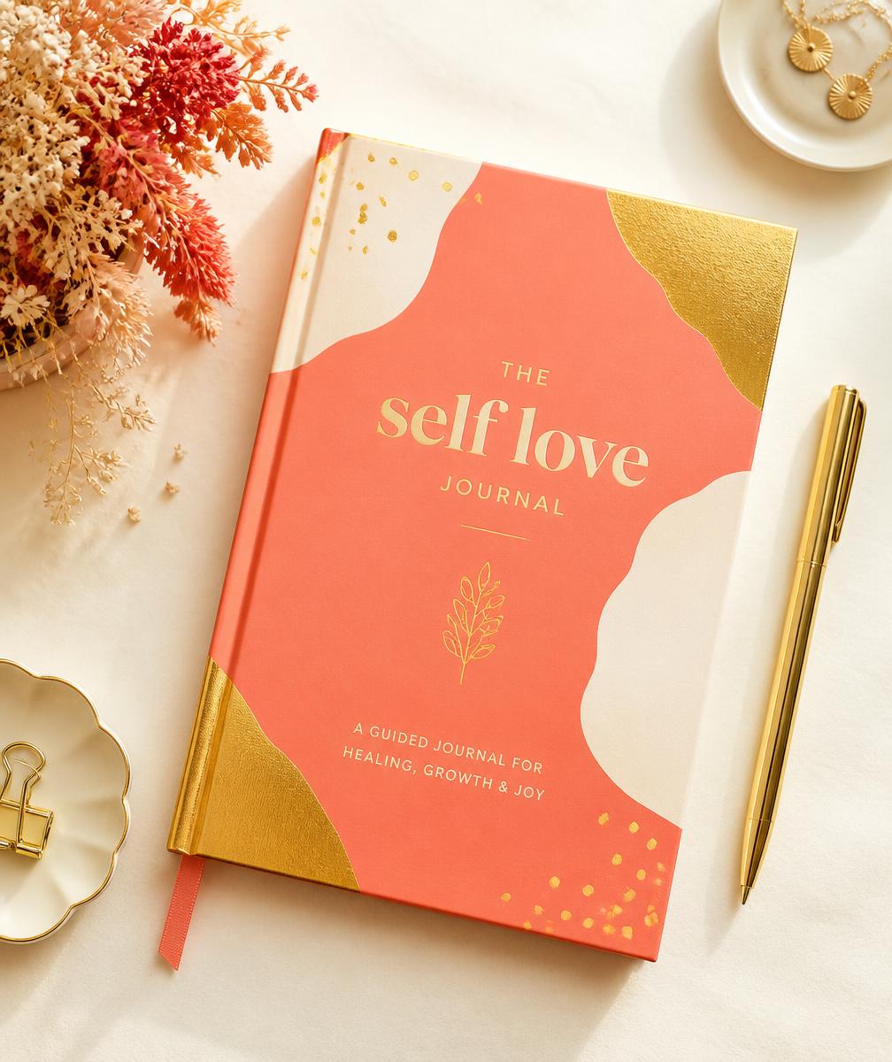 The breakupeasy guided journal in coral and gold with a pen and dried flowers